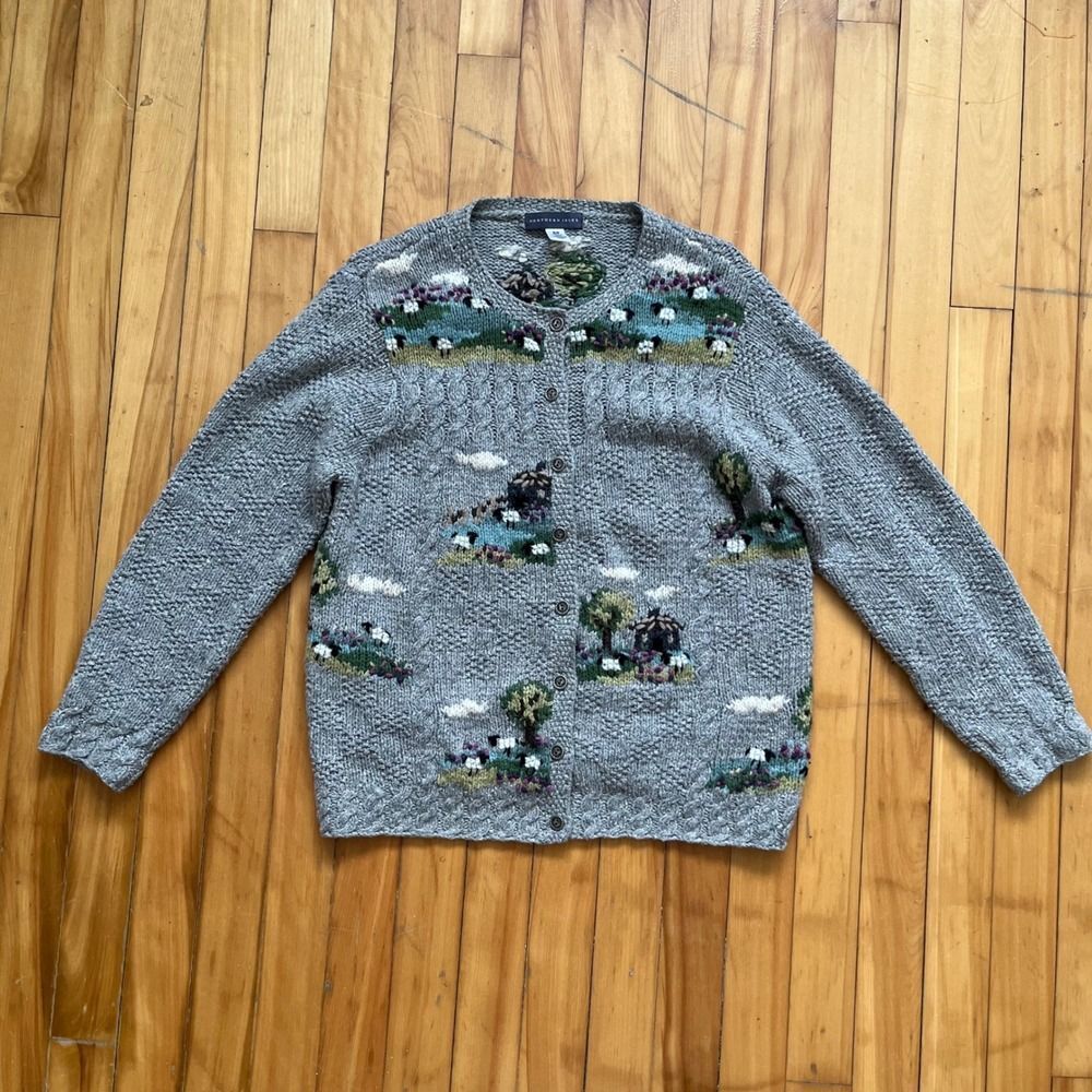 Northern Isles Cardigan Sweater Scene Sheep Trees Buttons Size S P Cottage core